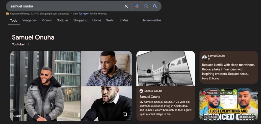 Google search results for 'Samuel Onuha,' showing images and information about a YouTuber and self-made millionaire with various photos and content snippets.