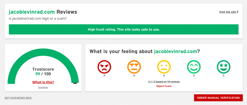 Screenshot of a website review for jacoblevinrad.com, showing a high trust score of 99/100, a green trust indicator, and user feedback ratings with emojis.