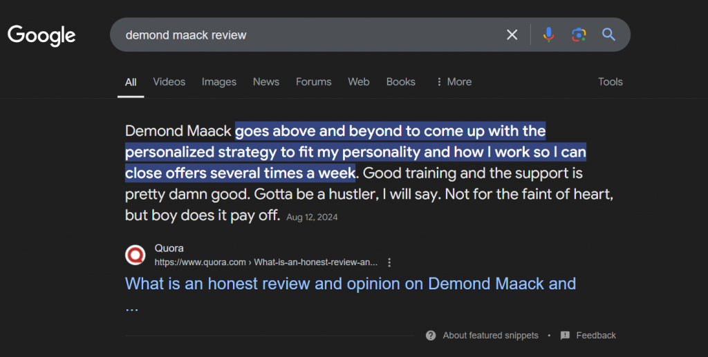 Google search results for 'Demond Maack review' featuring a highlighted snippet praising Demond Maack's personalized strategy, support, and effective training.