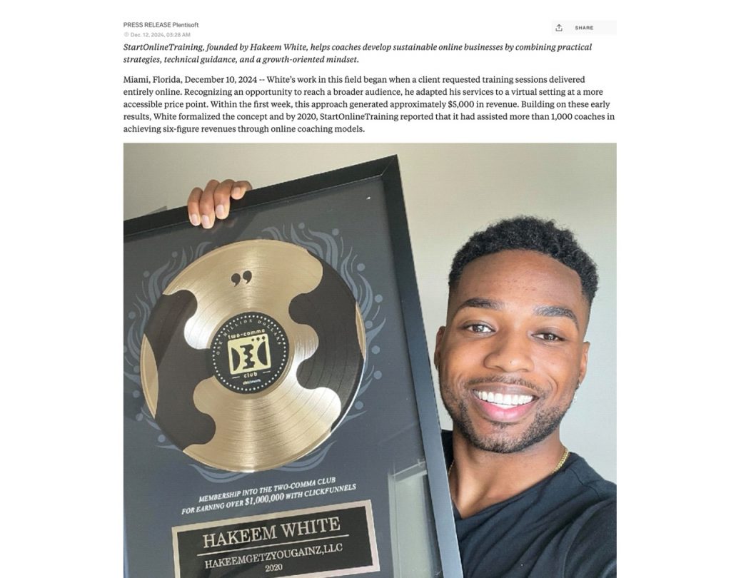 Hakeem White holding a framed gold record award symbolizing his membership in the "Two-Comma Club" for earning over $1,000,000 with ClickFunnels, as highlighted in a press release describing his success in coaching online businesses through StartOnlineTraining.