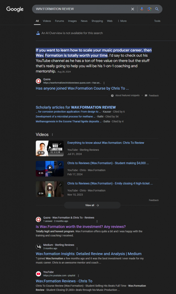 Google search results for 'Wav.Formation review,' featuring highlighted text praising the program for scaling a music producer's career, along with links to Quora, Medium, and YouTube reviews.