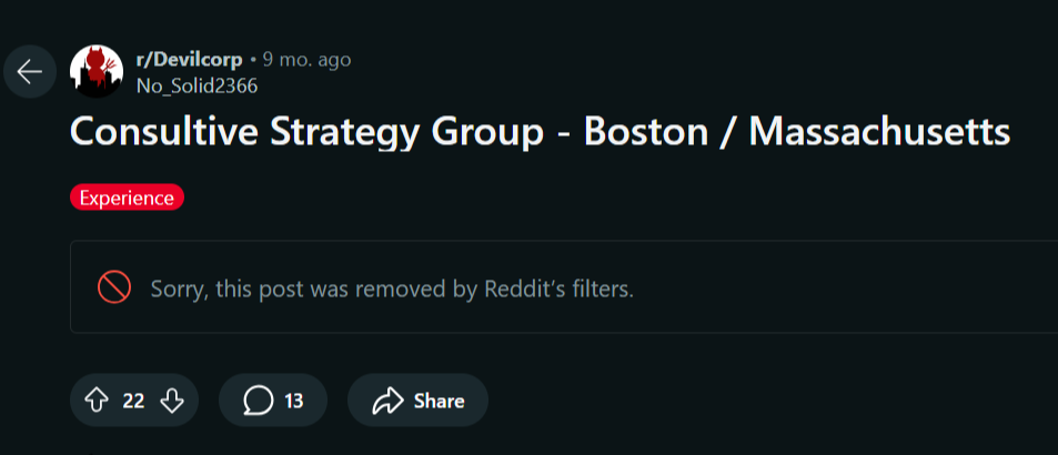 Screenshot of a Reddit post from r/Devilcorp titled "Consultive Strategy Group - Boston / Massachusetts." The post, originally by user No_Solid2366, shows a message stating, "Sorry, this post was removed by Reddit’s filters.