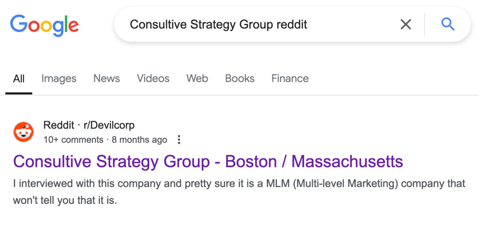 Google search result highlighting a Reddit discussion about Consultive Strategy Group, mentioning a possible MLM (Multi-level Marketing) structure.