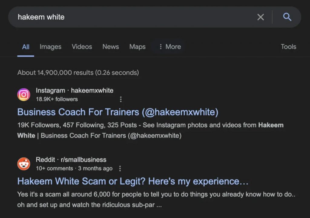 Google search results for 'Hakeem White,' showing an Instagram profile as a business coach for trainers and a Reddit discussion questioning legitimacy.