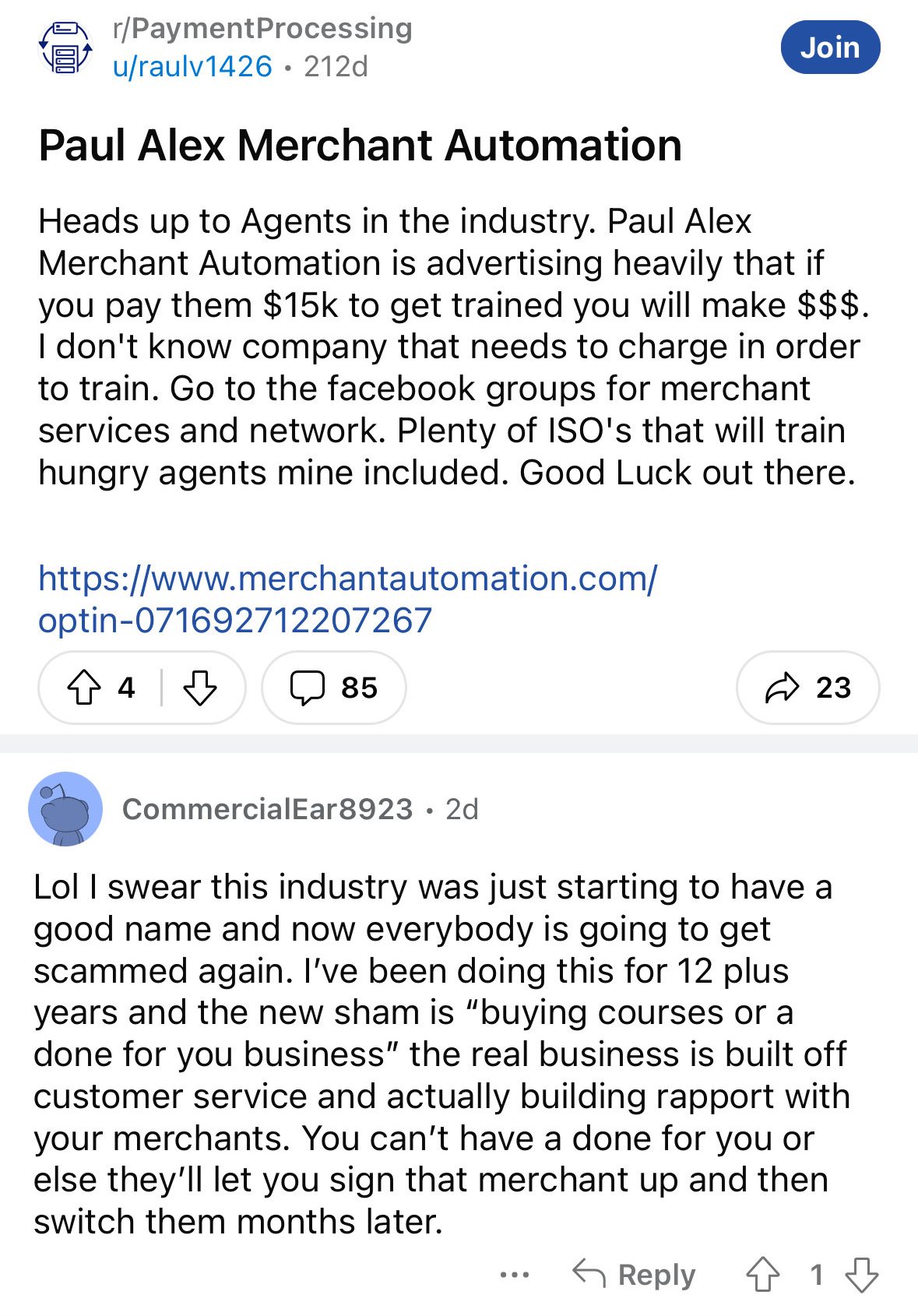 Reddit discussion in r/PaymentProcessing titled 'Paul Alex Merchant Automation,' with users debating the company's training fees and business practices, including a critical comment about the industry.