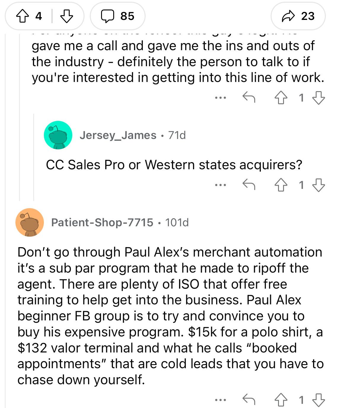 Reddit thread discussing Paul Alex’s Merchant Automation program, with comments critiquing the program’s cost, effectiveness, and business practices.