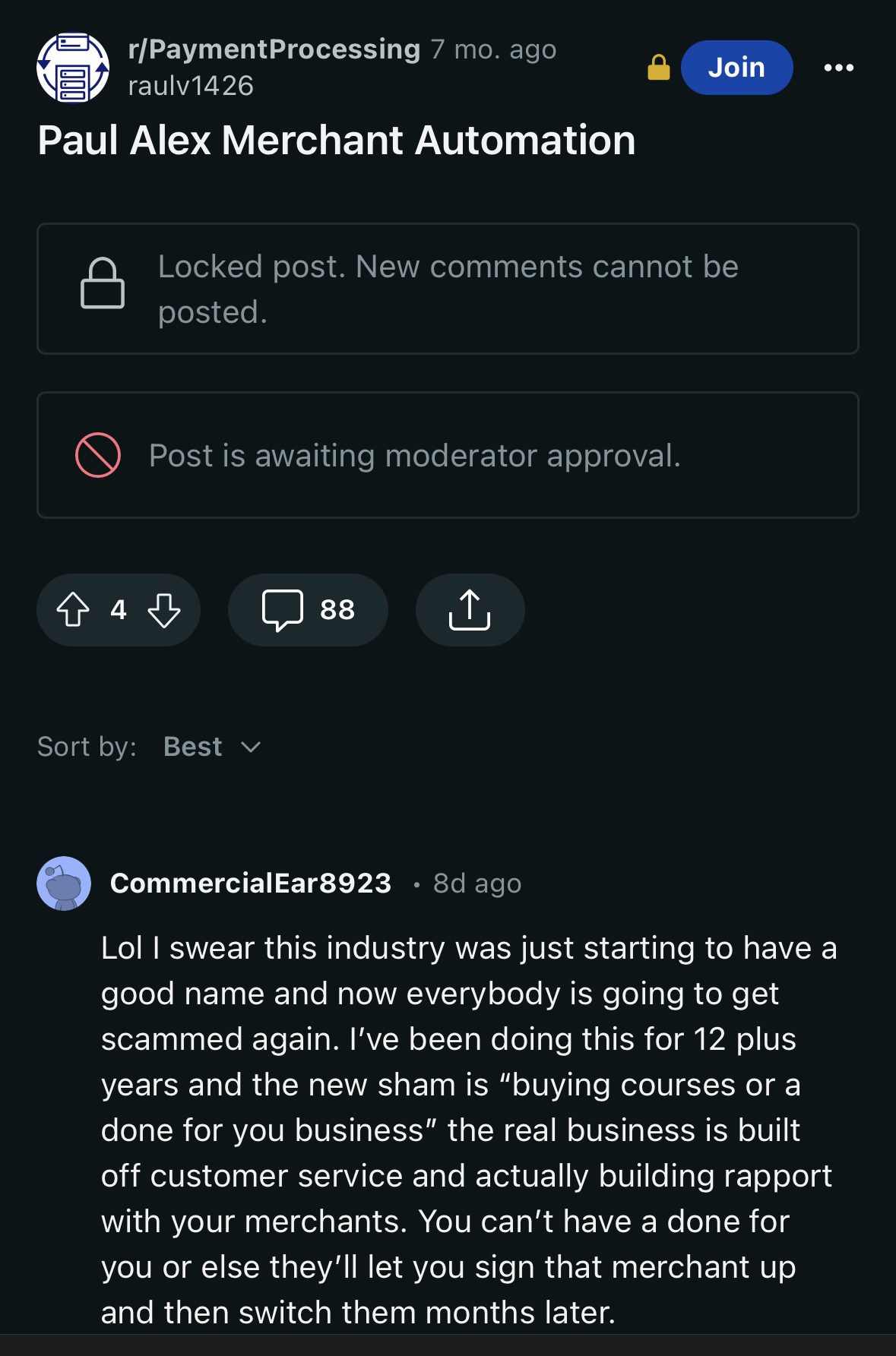 Screenshot of a locked Reddit post in r/PaymentProcessing titled 'Paul Alex Merchant Automation,' with a comment criticizing the program and discussing issues in the industry.