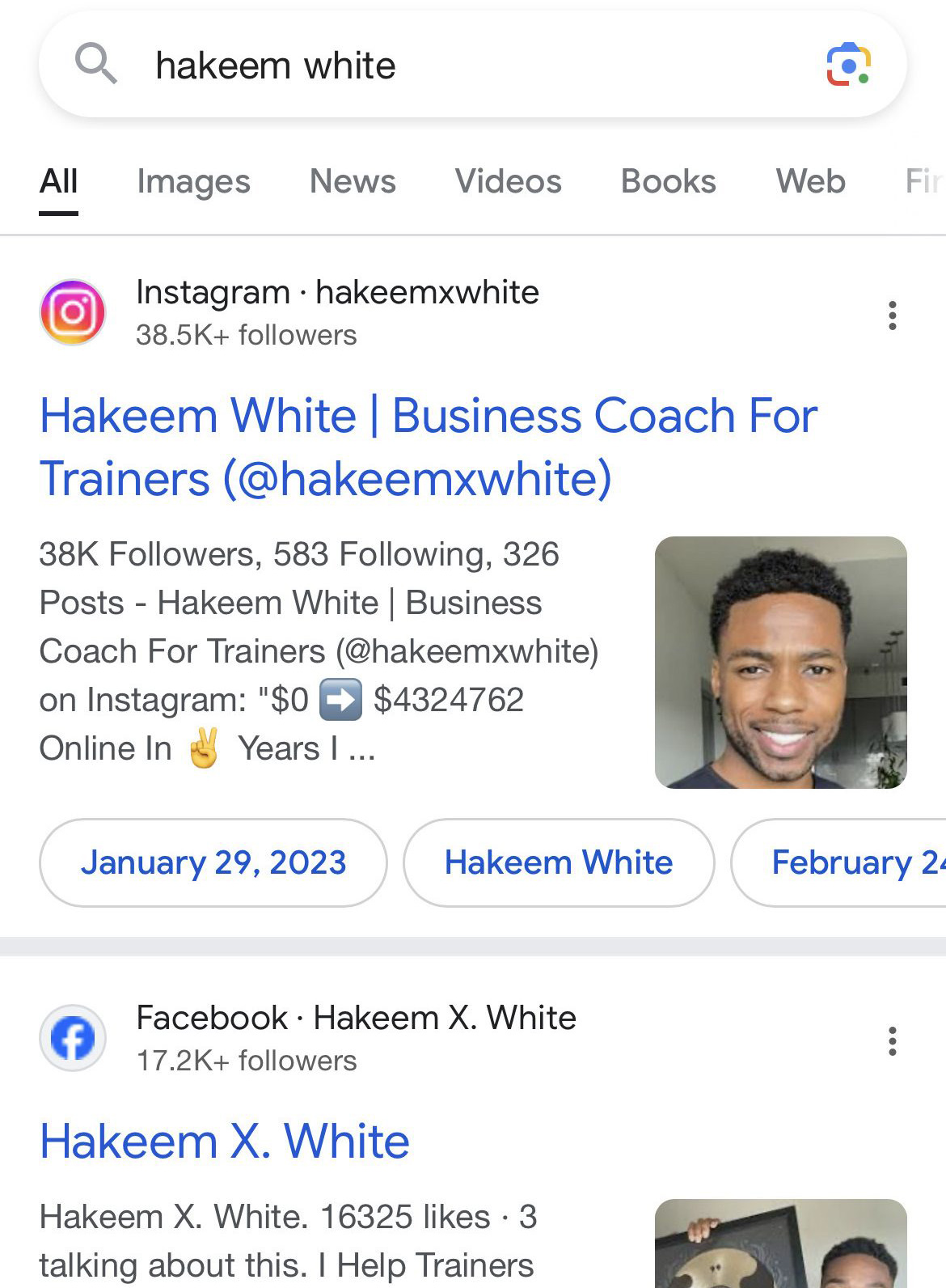 Google search results for 'Hakeem White,' showing Instagram and Facebook profiles promoting him as a business coach for trainers, with follower counts and profile details.