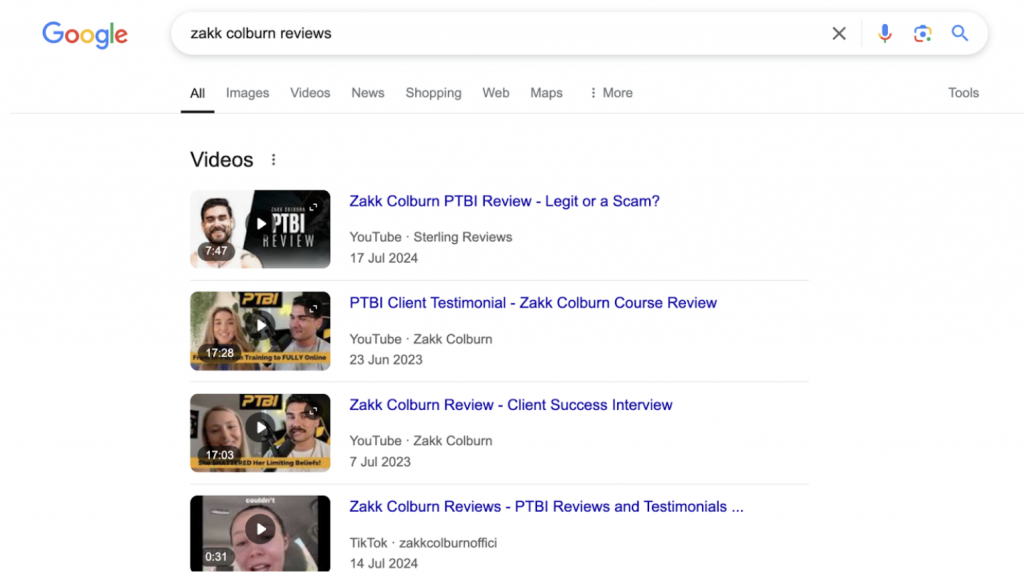 Search results showing Zakk Colburn PTBI video reviews on YouTube and TikTok, including course testimonials and evaluations.