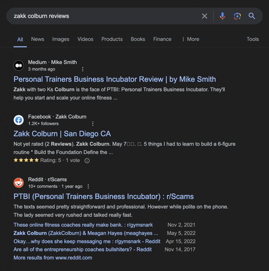 Google search results for 'Zakk Colburn reviews,' showing links to a Medium article, Facebook profile, and a Reddit discussion in r/Scams about the Personal Trainers Business Incubator (PTBI).