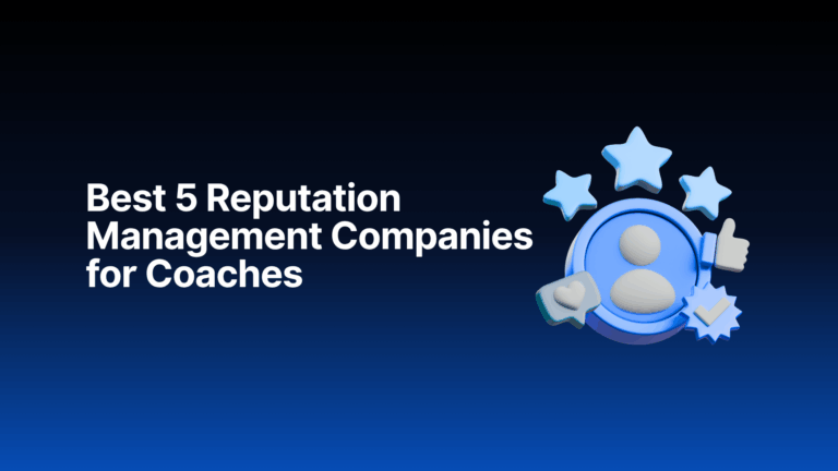 3D illustration of stars, thumbs up, user icon, and checkmark next to the text "Best 5 Reputation Management Companies for Coaches" on a dark-to-blue gradient background.