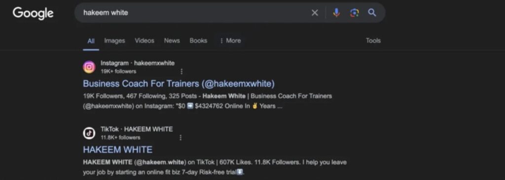 Google search results for "Hakeem White" showing Instagram and TikTok profiles, including follower counts and business coach branding.