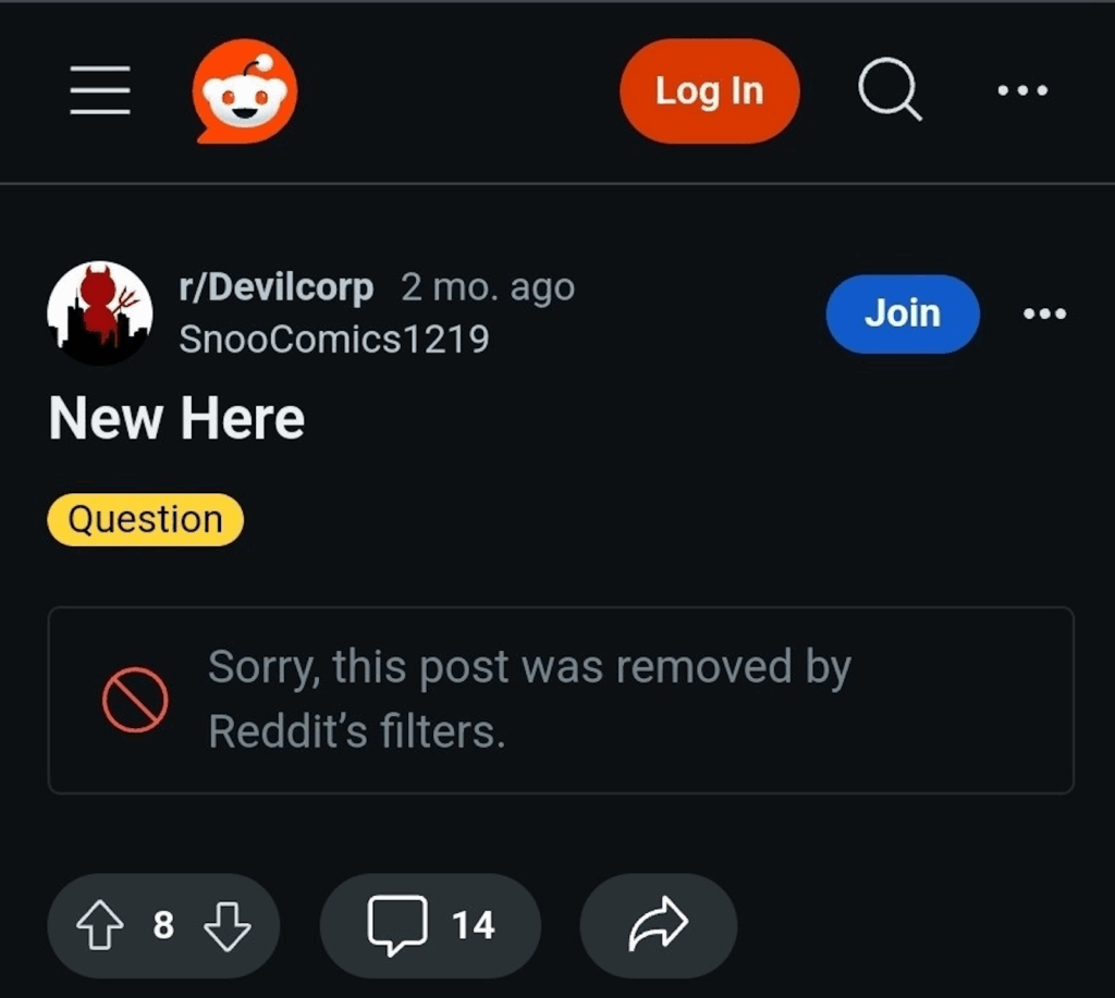 Screenshot of a Reddit post in r/Devilcorp, marked as removed by Reddit's filters for violating platform policies.