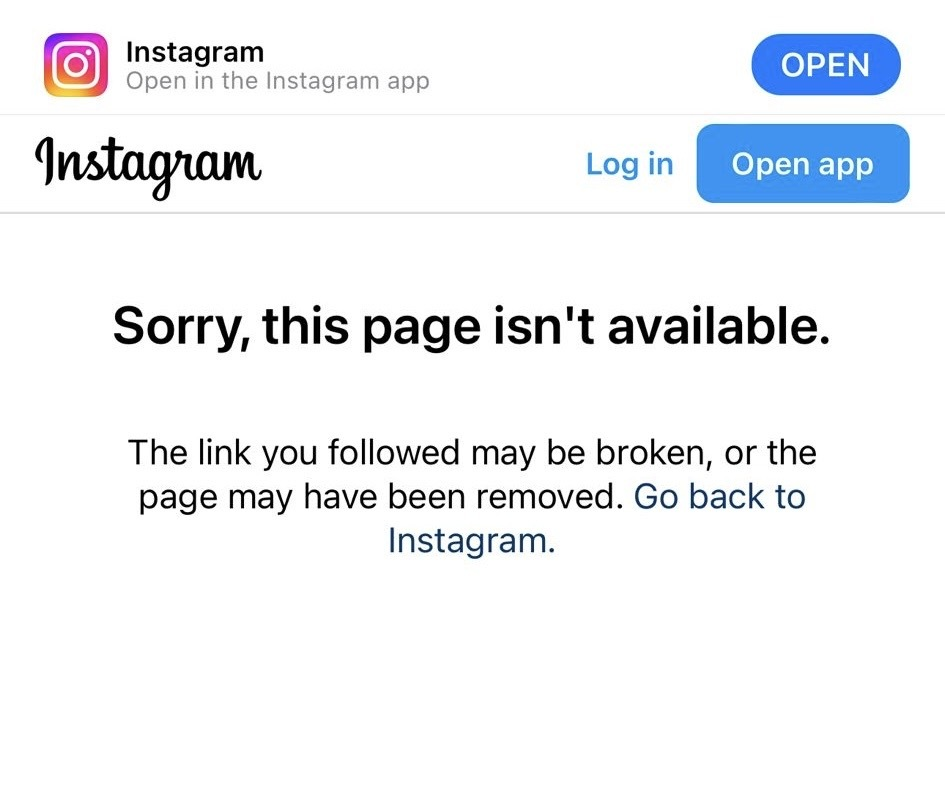 Instagram error message stating “Sorry, this page isn't available,” indicating the account or content has been successfully removed.