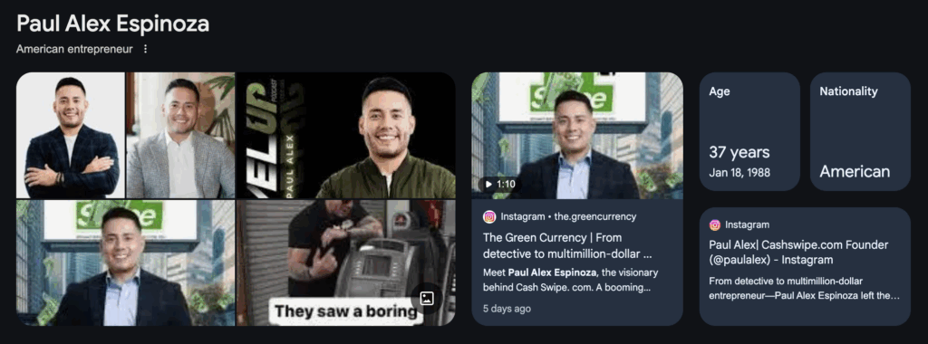 A collage of professional images showing Paul Alex Espinoza, an American entrepreneur, including a news feature, profile photos, and promotional visuals.