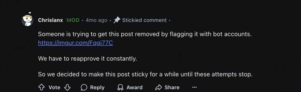 Reddit mod comment about repeated bot flagging attempts to remove a post.