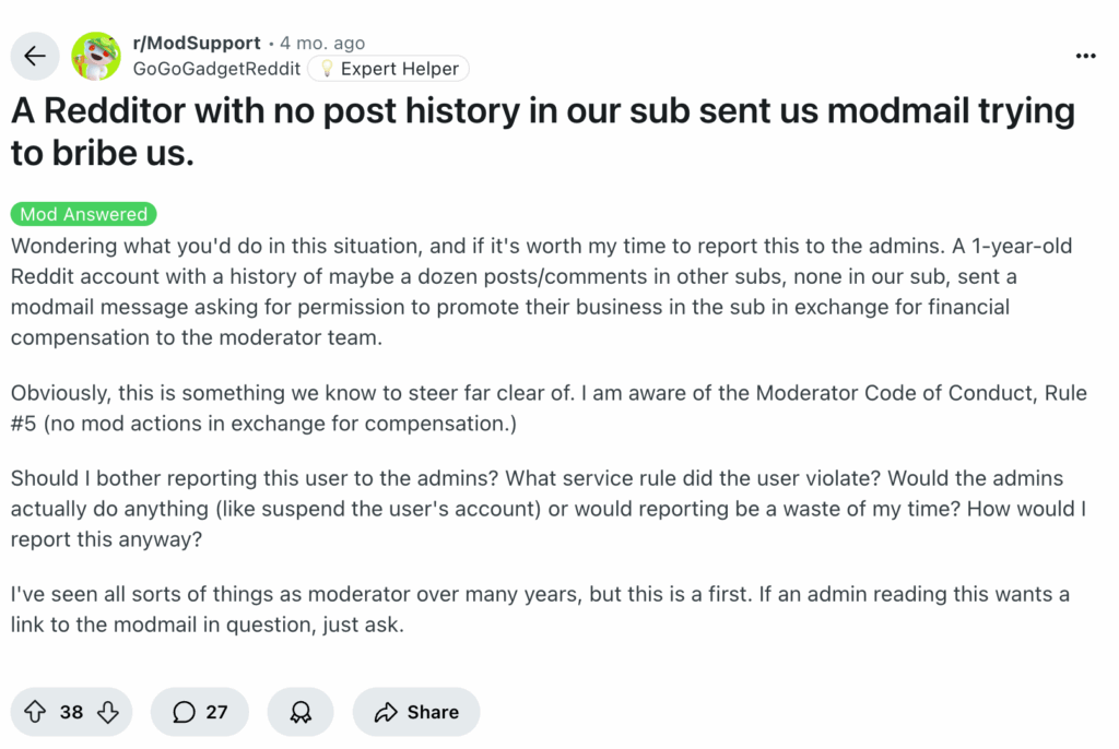Reddit post discussing a user offering a bribe via modmail to promote their business.
