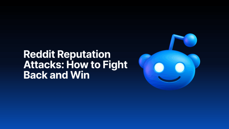Illustration of a blue Reddit mascot with the text "Reddit Reputation Attacks: How to Fight Back and Win" on a dark gradient background.