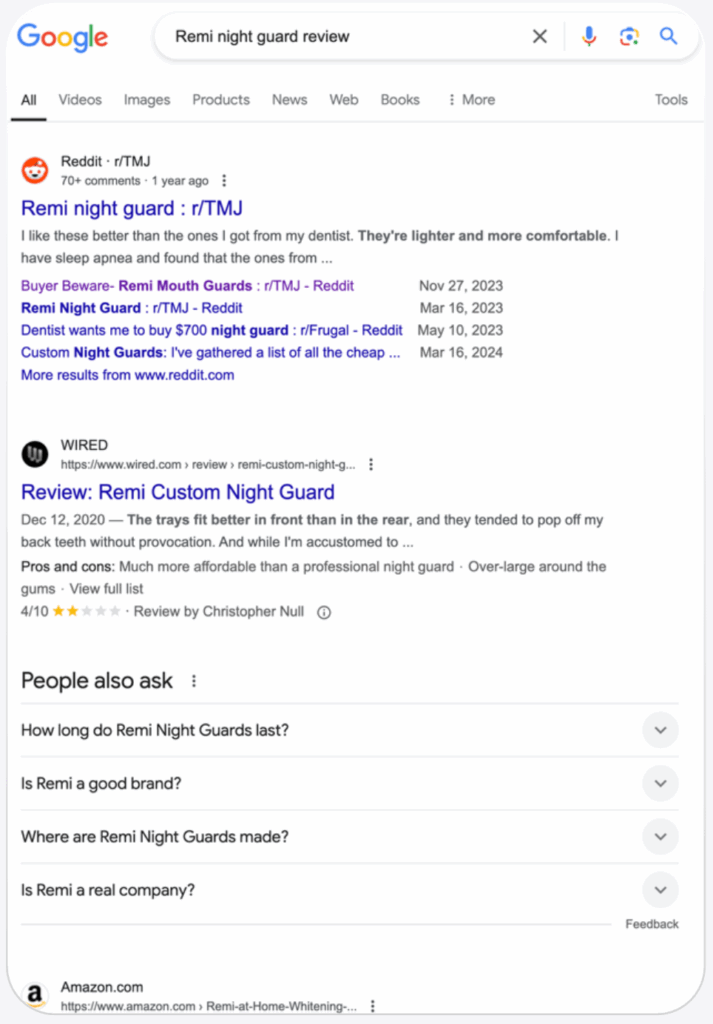 Google search results for “Remi night guard review” showing Reddit threads, a Wired article, and Amazon listing.