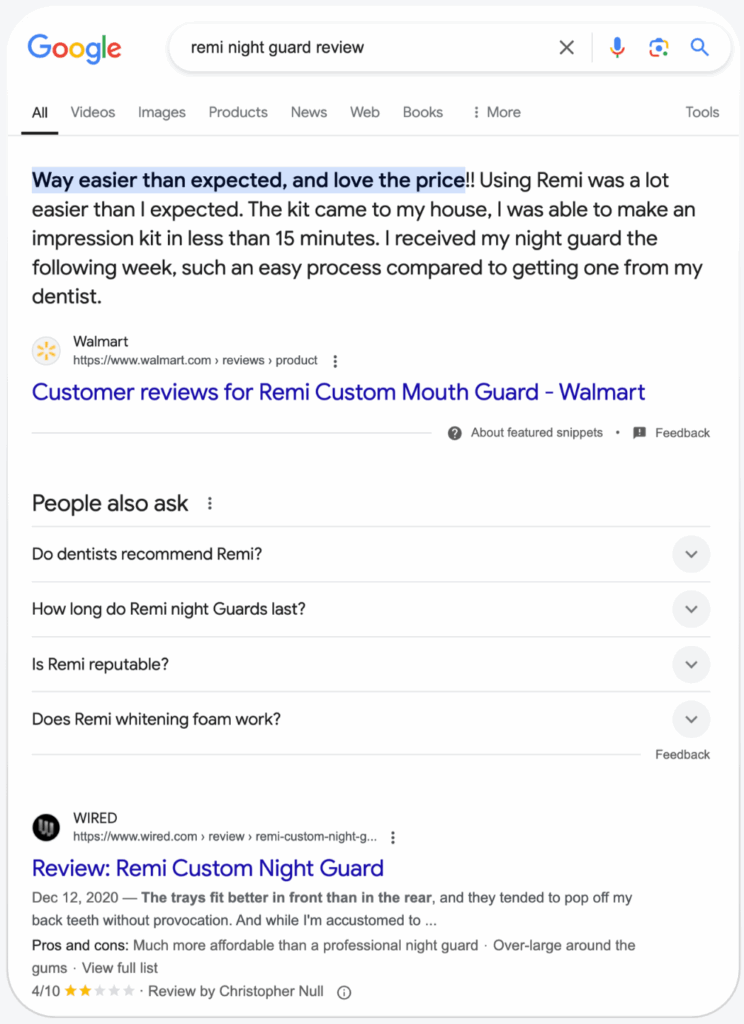 Google search result for “Remi night guard review” showing a featured snippet from Walmart and a Wired review.