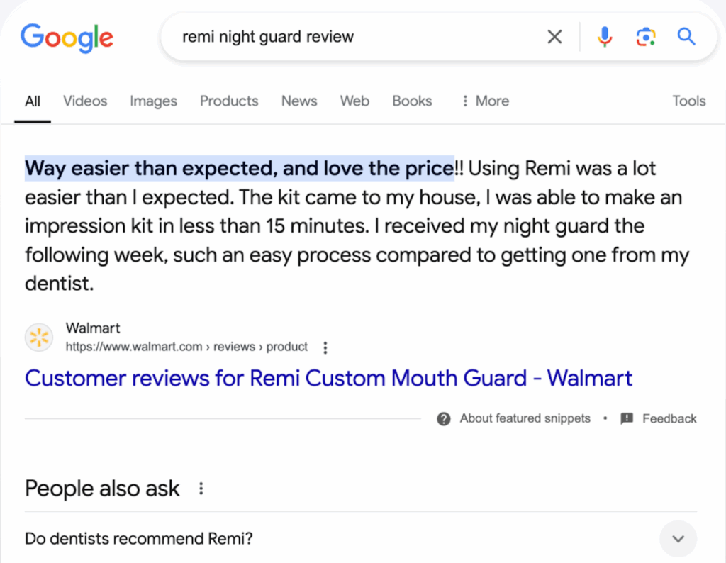 Google search result showing a positive Walmart review for Remi night guard, highlighted in a featured snippet.