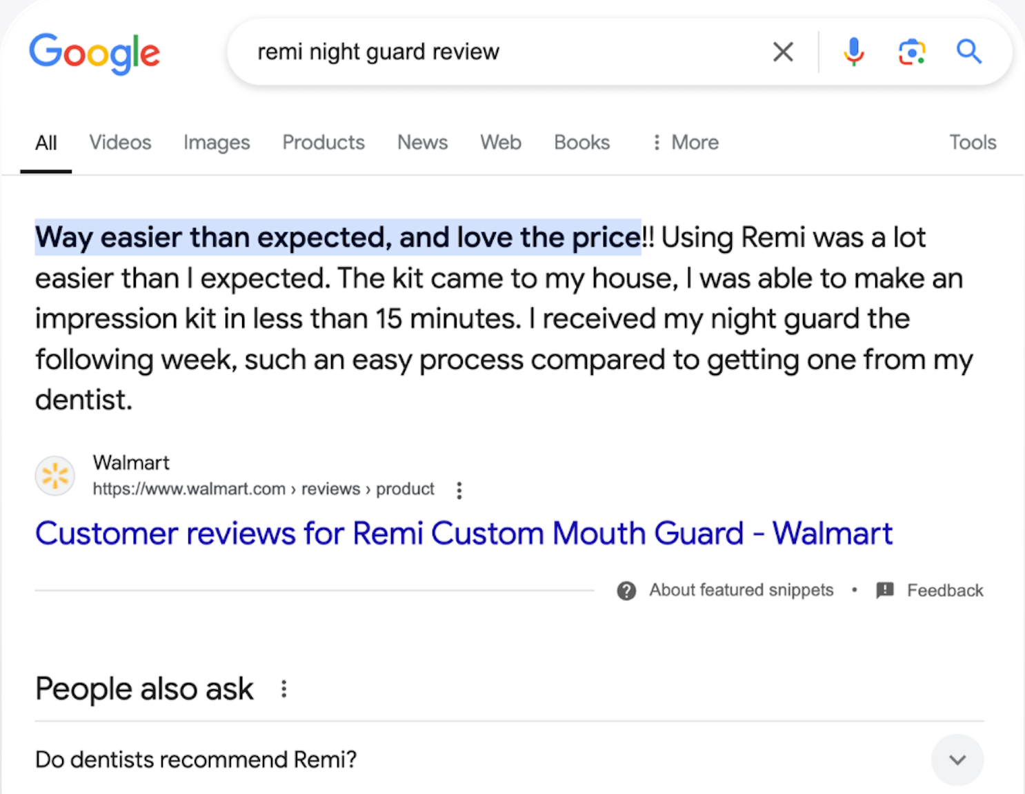 Google search result showing a positive Walmart review for Remi night guard, highlighted in a featured snippet.