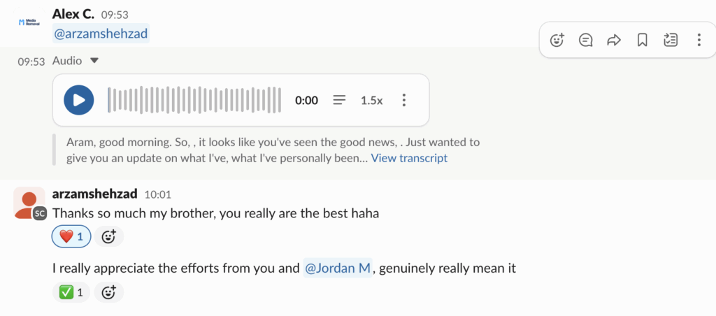 Slack message from Alex C. sending an audio update, followed by appreciation from arzamshehzad for support and collaboration.