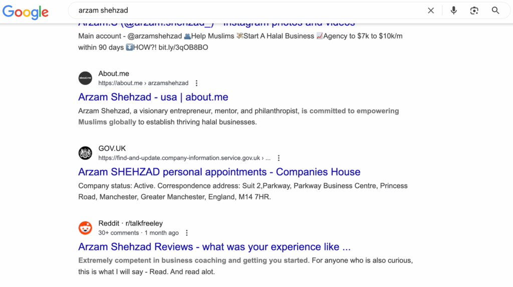 Google search results for Arzam Shehzad showing links to his About.me profile, UK Companies House listing, and Reddit reviews on his coaching services.