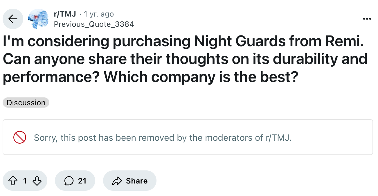 Removed Reddit discussion post in r/TMJ asking about Remi night guards' durability and performance.