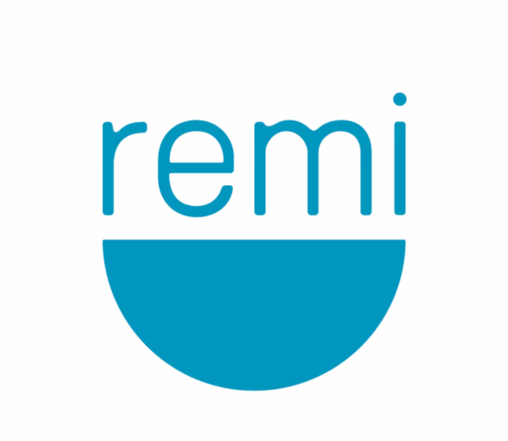 Blue logo for Remi featuring lowercase text and a semi-circle design element below.