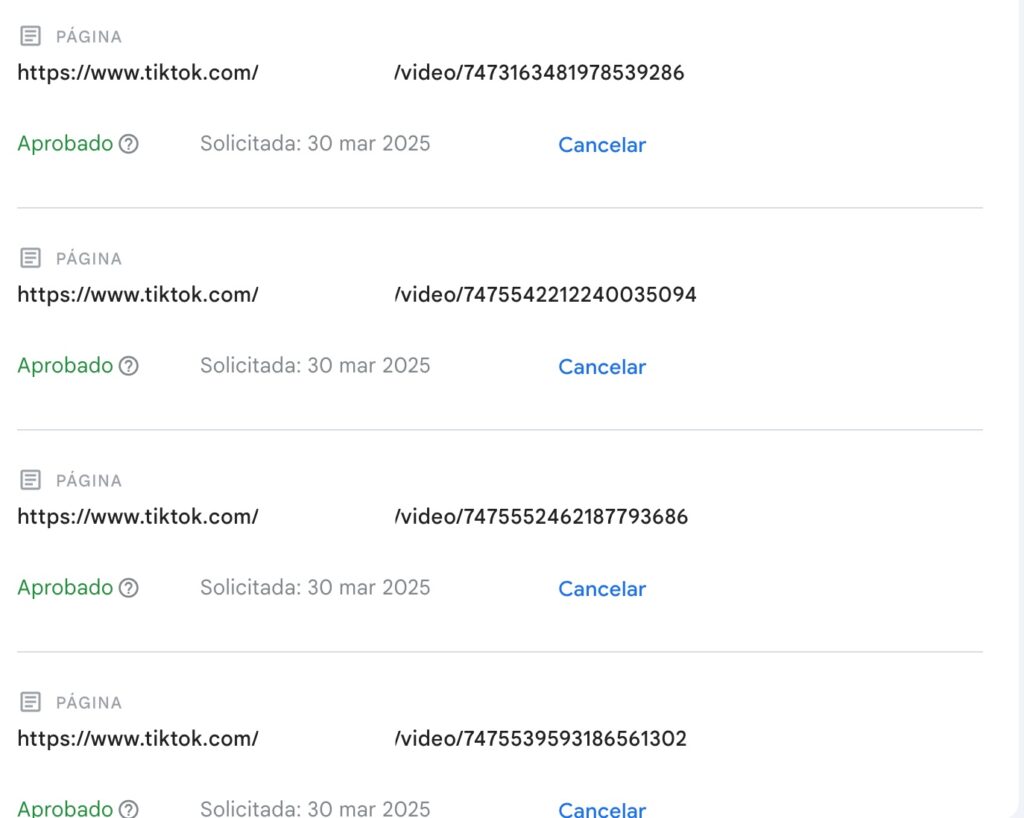 Approved TikTok account takedown requests shown with timestamps and video URLs, part of Media Removal’s professional takedown service.