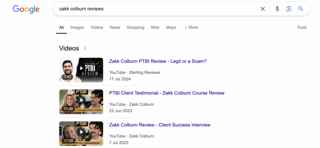 Google search results page showing video reviews of Zakk Colburn and PTBI, including testimonials and commentary on the legitimacy of his course.