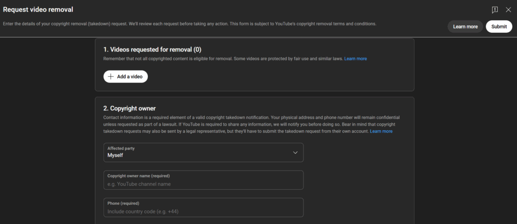 Form for requesting YouTube video removal