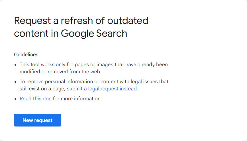 Google's Remove Outdated Content Tool interface for updating search results