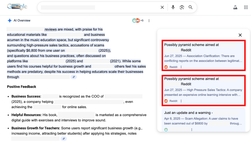 poorly-optimized Google AIO citing a negative Reddit post