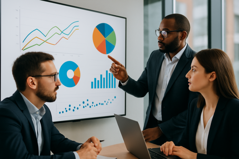 A team of experts in a modern office discussing digital reputation strategies illustrating AI's reputation crisis for business leaders.