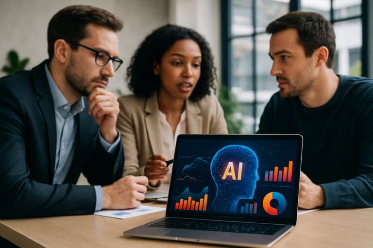A modern office setting with professionals discussing AI-driven reputation management strategies illustrating AI's role in ORM for business leaders.