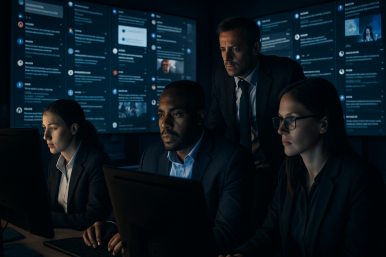 A team of analysts monitoring social media for harmful content illustrating the Take It Down Act for online reputation management.